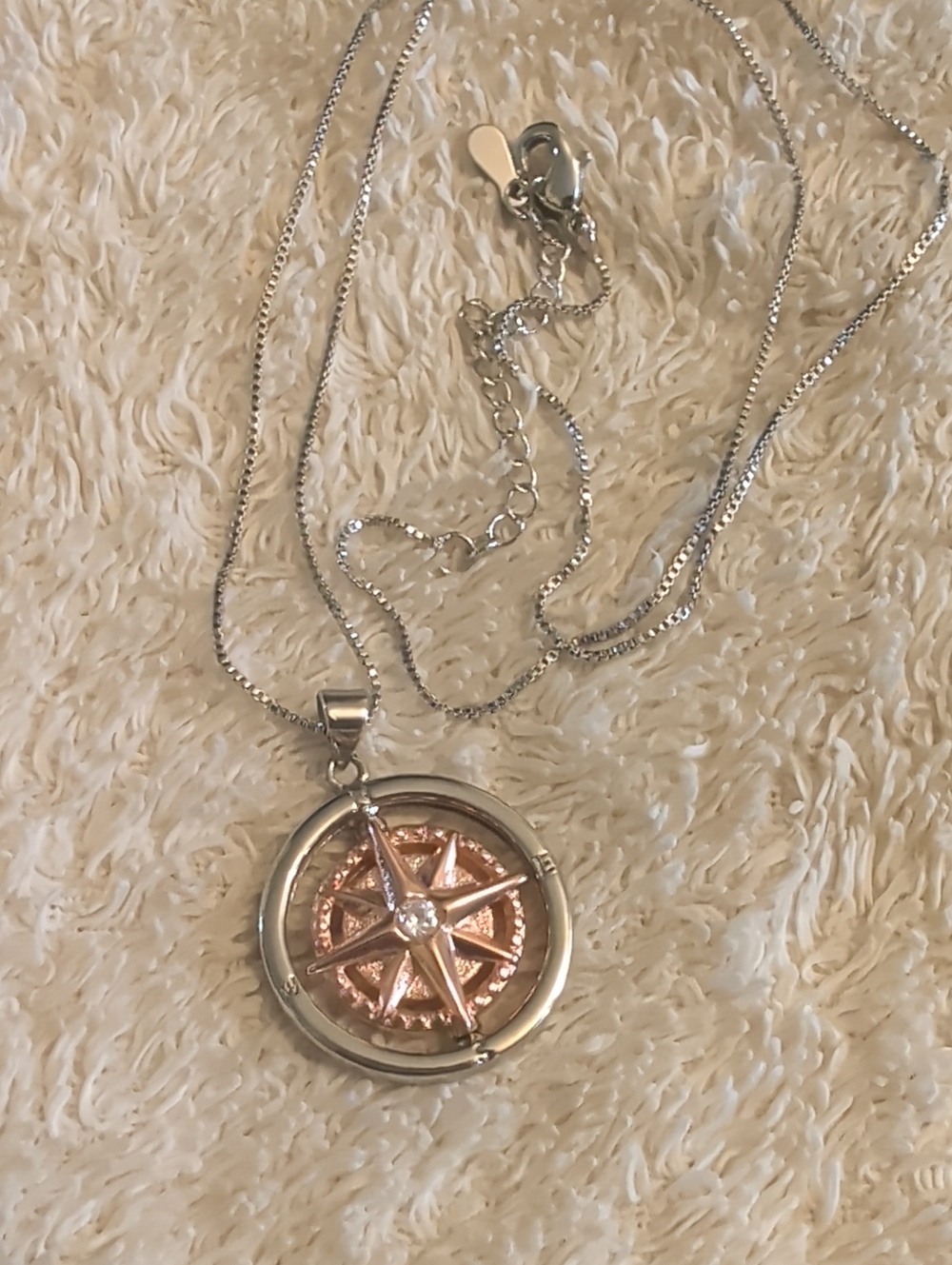 Two-Tone Compass Pendant Necklace - Rose Gold & Silver Apx 18" w/2" Extender